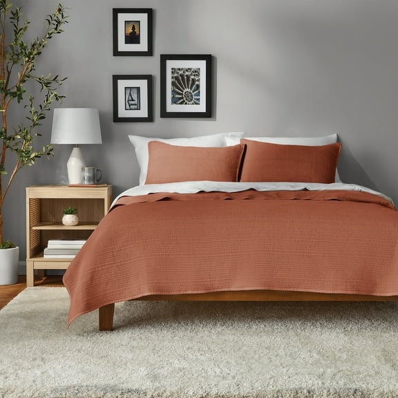 Mainstays Garment Washed Stripe Quilt, Terracotta Orange, Full/Queen, Microfiber, All Ages