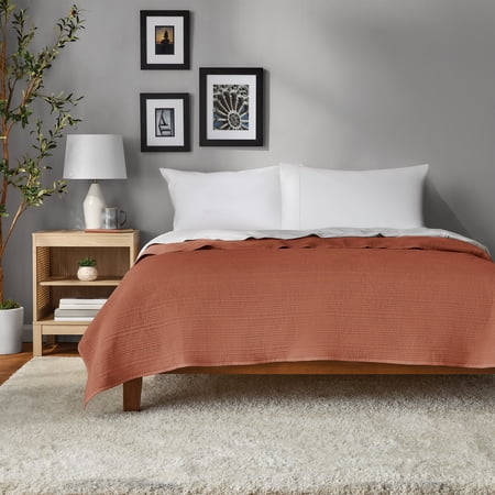 Mainstays Garment Washed Stripe Quilt, Full/Queen, Terracotta Orange, Soft Microfiber Bedding