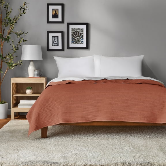 Mainstays Garment Washed Stripe Quilt, King, Terracotta Orange, Soft Microfiber Bedding