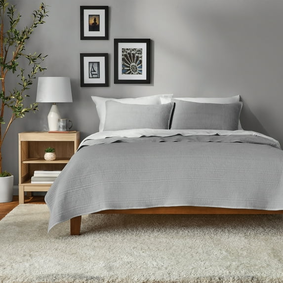 Mainstays Garment Washed Stripe Quilt, Silver Grey, King, Microfiber, All Ages