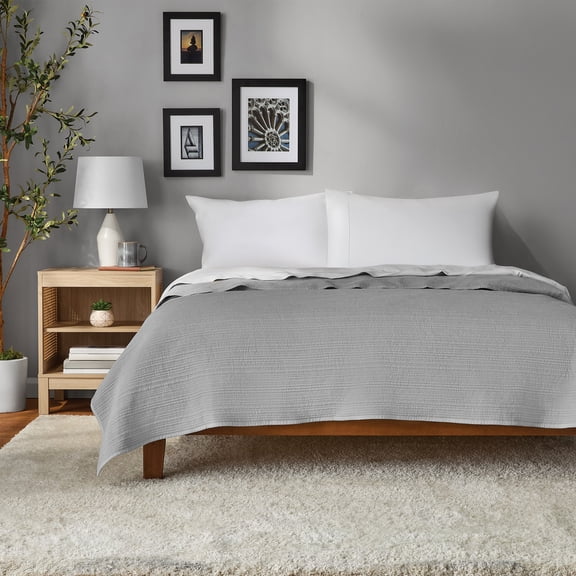 Mainstays Garment Washed Stripe Quilt, King, Silver Grey, Soft Microfiber Bedding