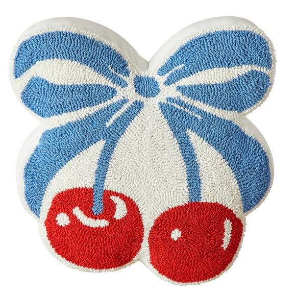 Mainstays Coquette Blue and Red Cherry Bow Figural Tufted Decorative Pillow, 16.5" L x 16" W