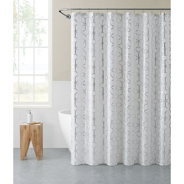 Mainstays Geo Diamond Iridescent Shower Curtain and Liner Set, 14 Pieces, White