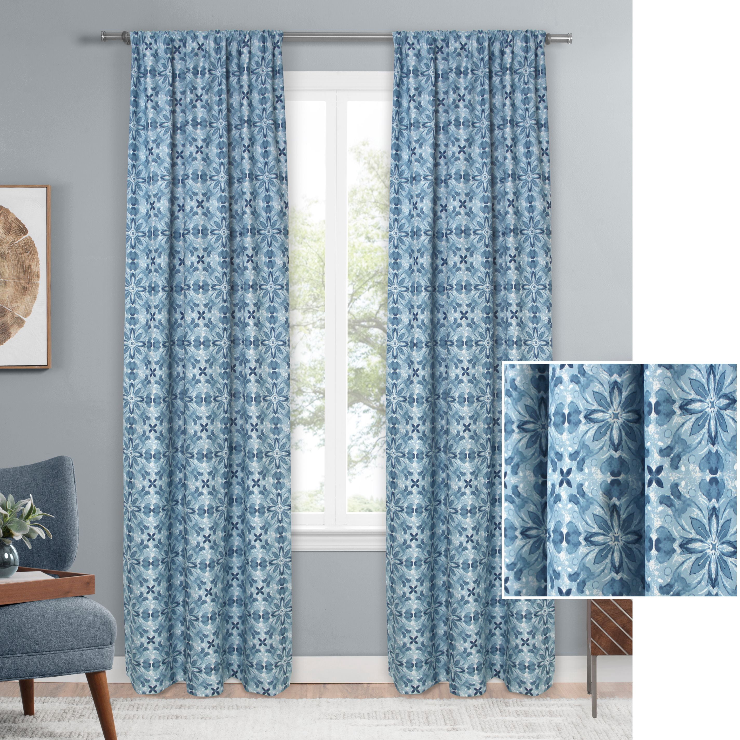 Mainstays Geo Floral Blackout Single Curtain Panel, Blue, 63 in