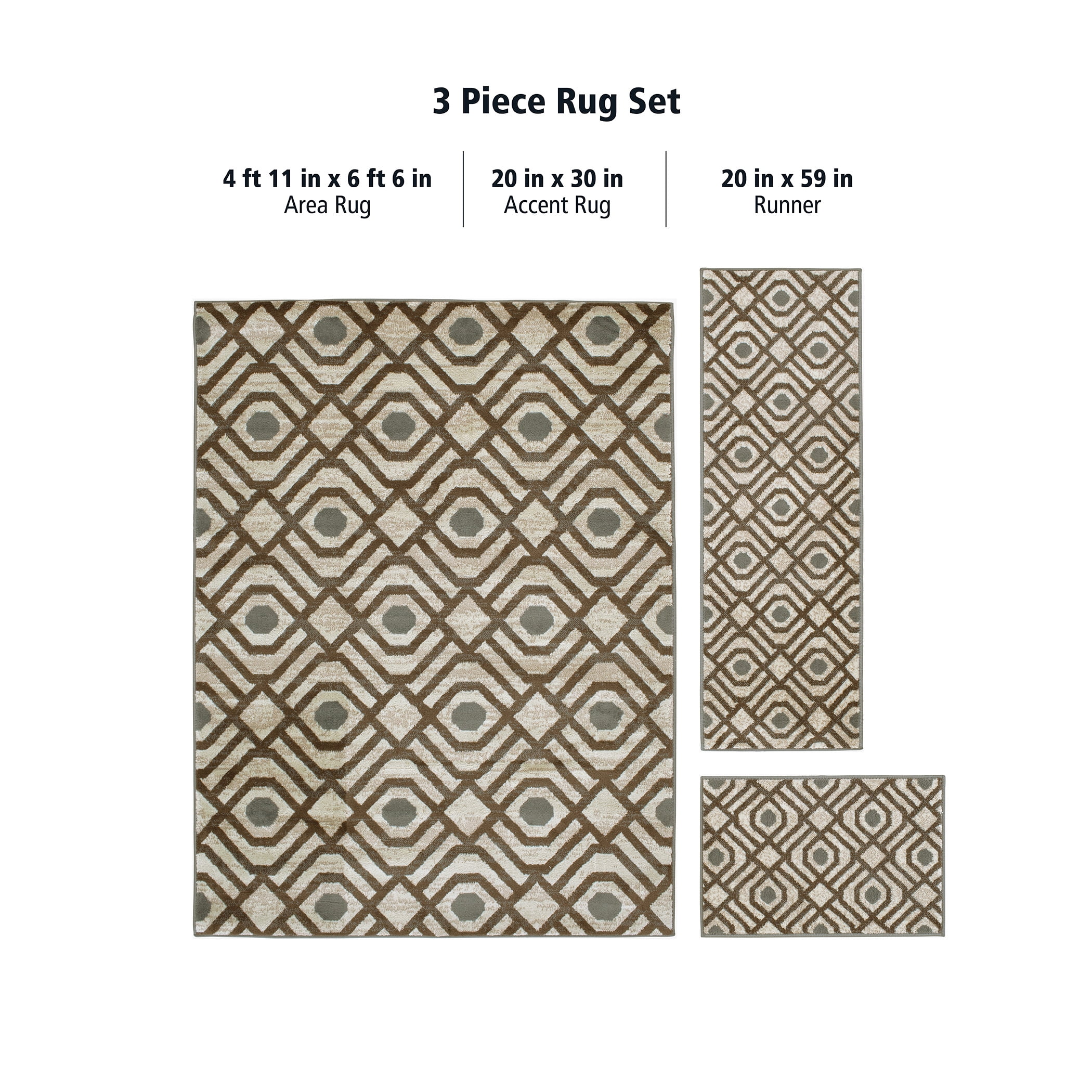 Mainstays Geometric 3 Piece Indoor Area Rug Set, Beige
