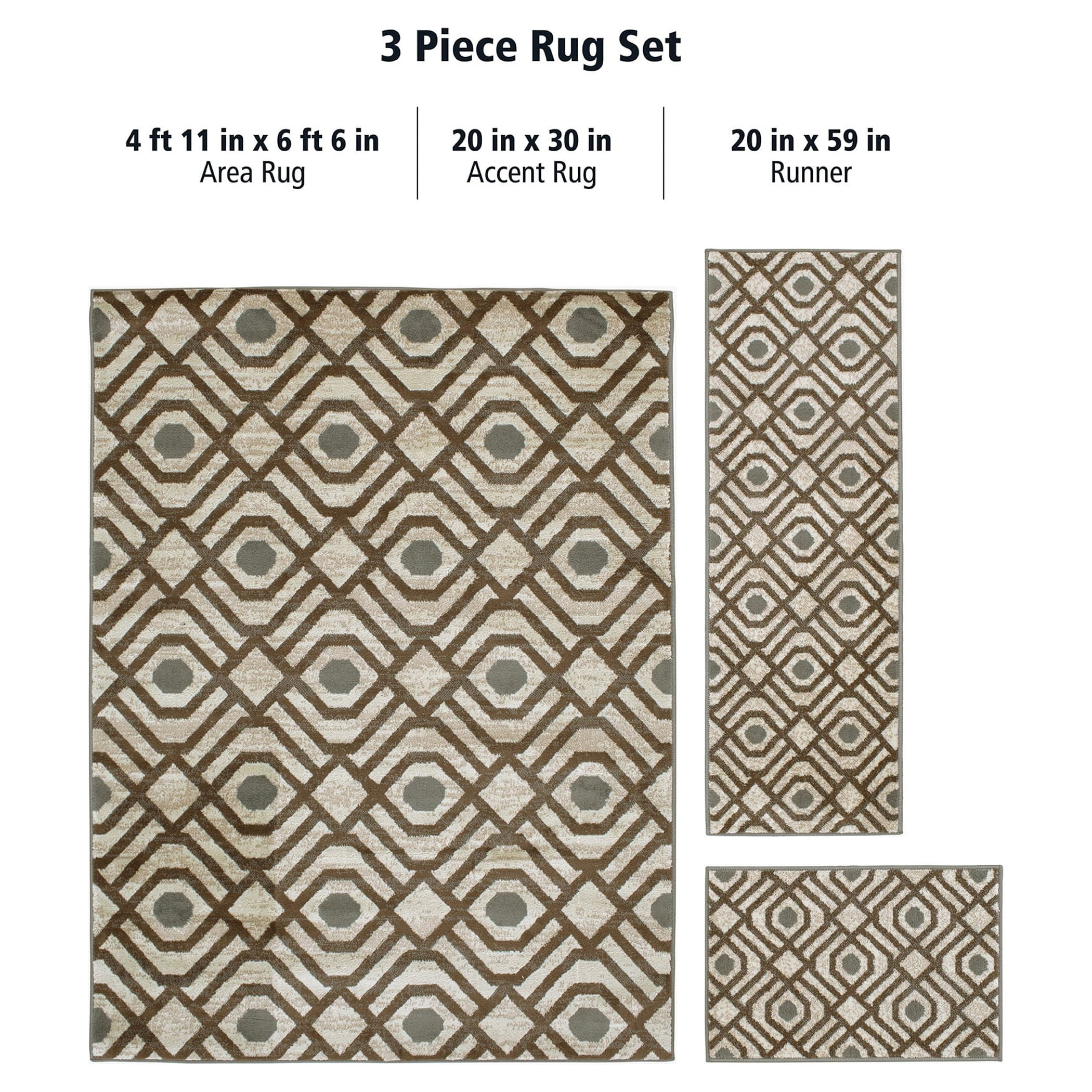 Mainstays Geometric 3 Piece Indoor Area Rug Set, Beige
