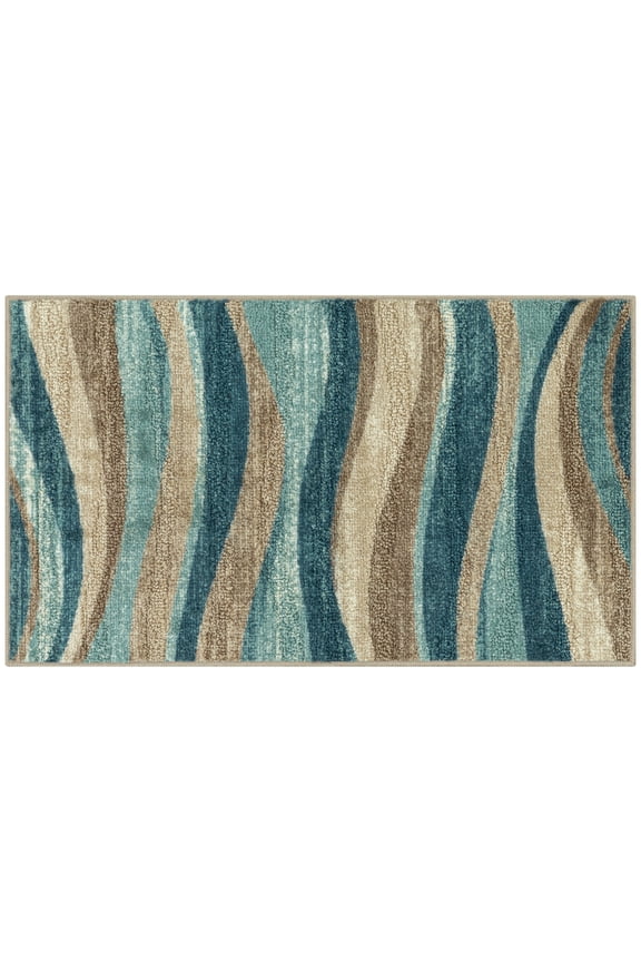 Geometric Blue Brown Waves Indoor Entryway Area Rug, 1'8"x2'10"