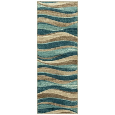 Mainstays Geometric Blue Brown Waves Indoor Hallway Runner Rug, 1'10"x5'