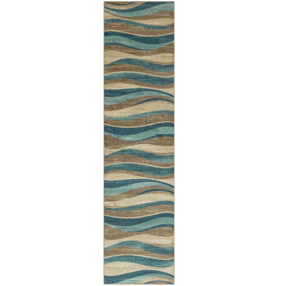 Mainstays Geometric Blue Brown Waves Indoor Hallway Runner Rug, 2'6"x10'