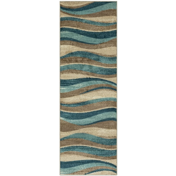 Mainstays Geometric Blue Brown Waves Indoor Hallway Runner Rug, 2'x6'