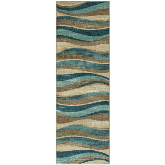 Mainstays Geometric Blue Brown Waves Indoor Hallway Runner Rug, 2'x6'