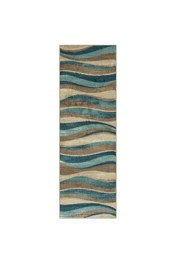 Geometric Blue Brown Waves Indoor Hallway Runner Rug, 2'x6'