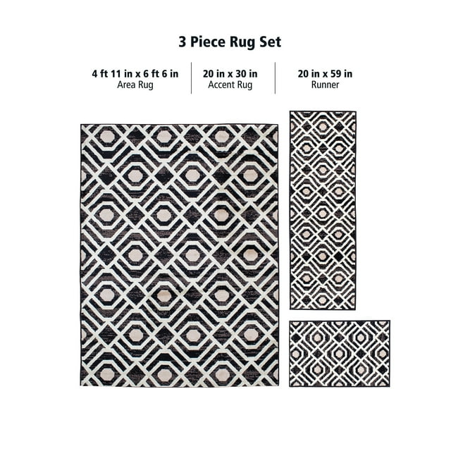 Mainstays Geometric Indoor 3 Piece Area Rug Set, Black