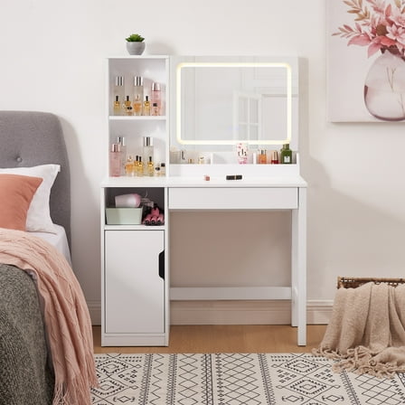 Mainstays Get Ready with Me GRWM Left Vanity Table with Lighted Mirror and Storage, White Finish