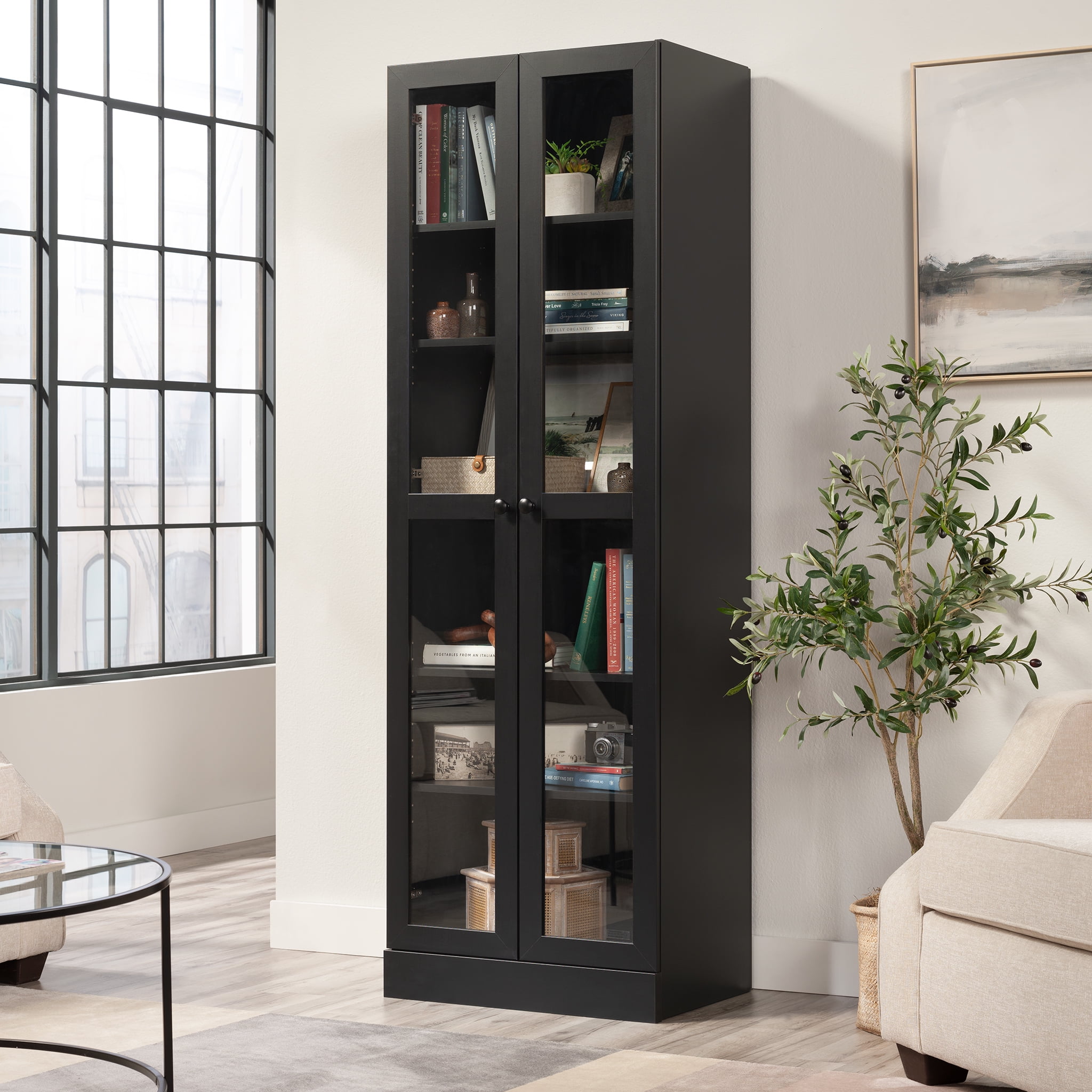 Mainstays Glass Door Storage Bookcase, Black Finish