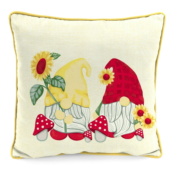 Mainstays Gnome Daisies Reversible Outdoor Throw Pillow, 16", Red and Yellow Novelty and Floral