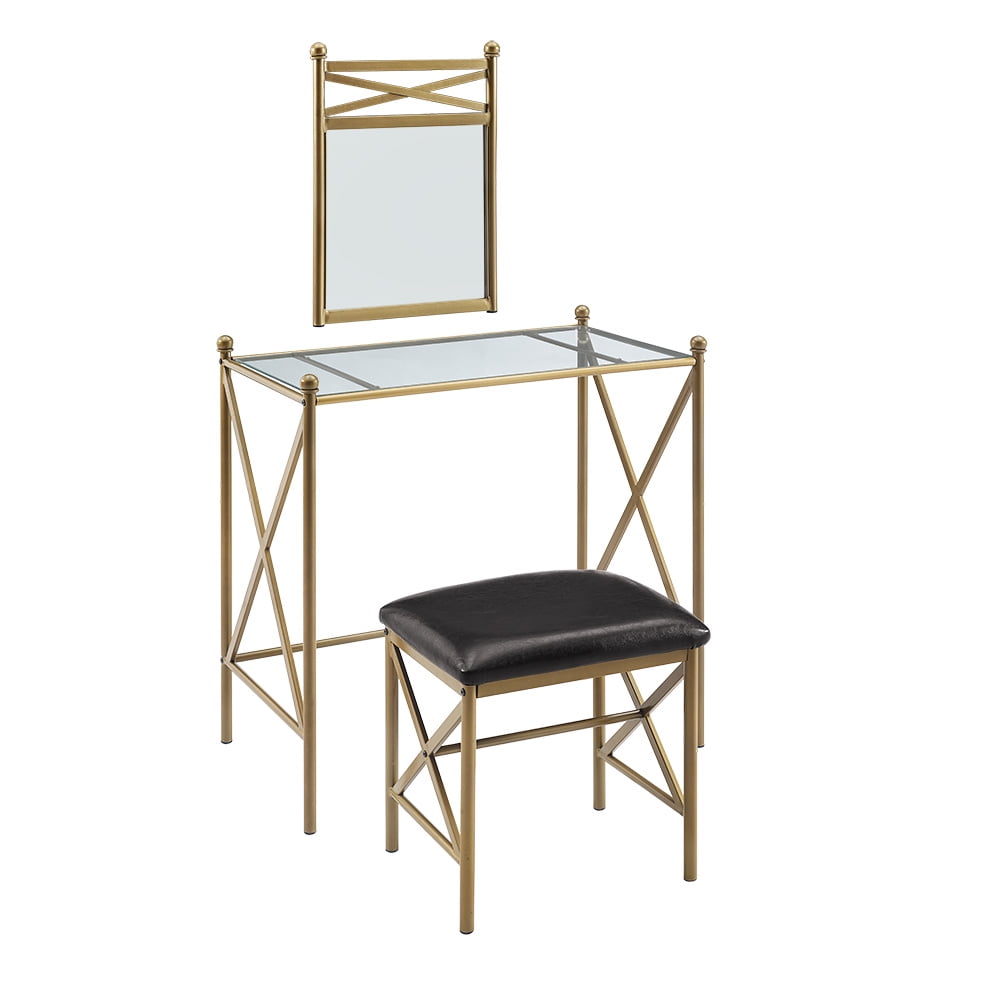 Mainstays Gold Metal Vanity with Wall Mirror and Upholstered Stool