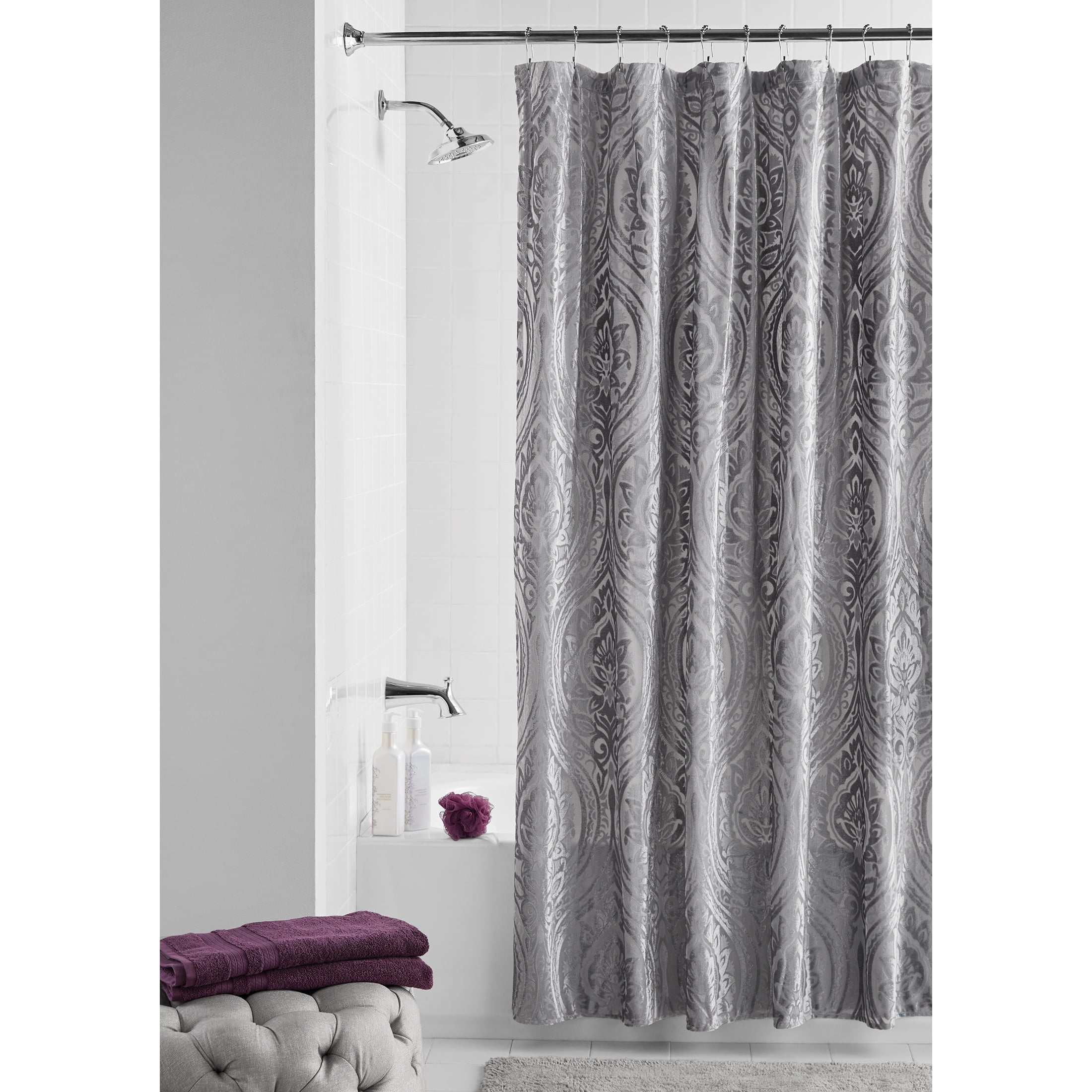 Mainstays Gray Burnout Damask Polyester Shower Curtain, 70" x 72", Grey