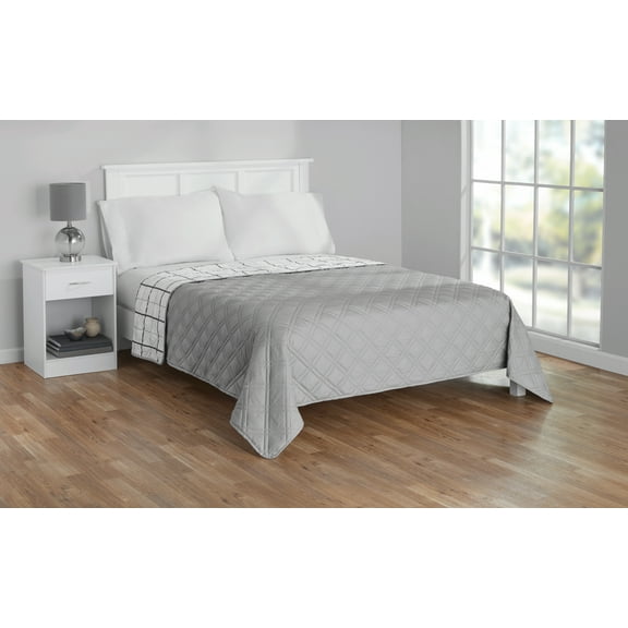 Mainstays Gray Plaid Cotton Quilt, King - Lightweight