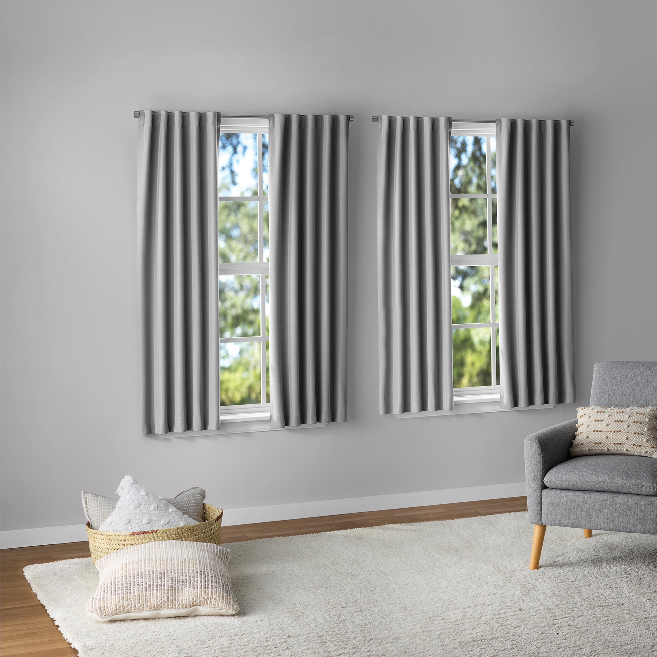 Mainstays Gray Solid Blackout Rod Pocket with Back Tabs Curtain Panels 4PC Set, Set of 4, 30" W x 63" L