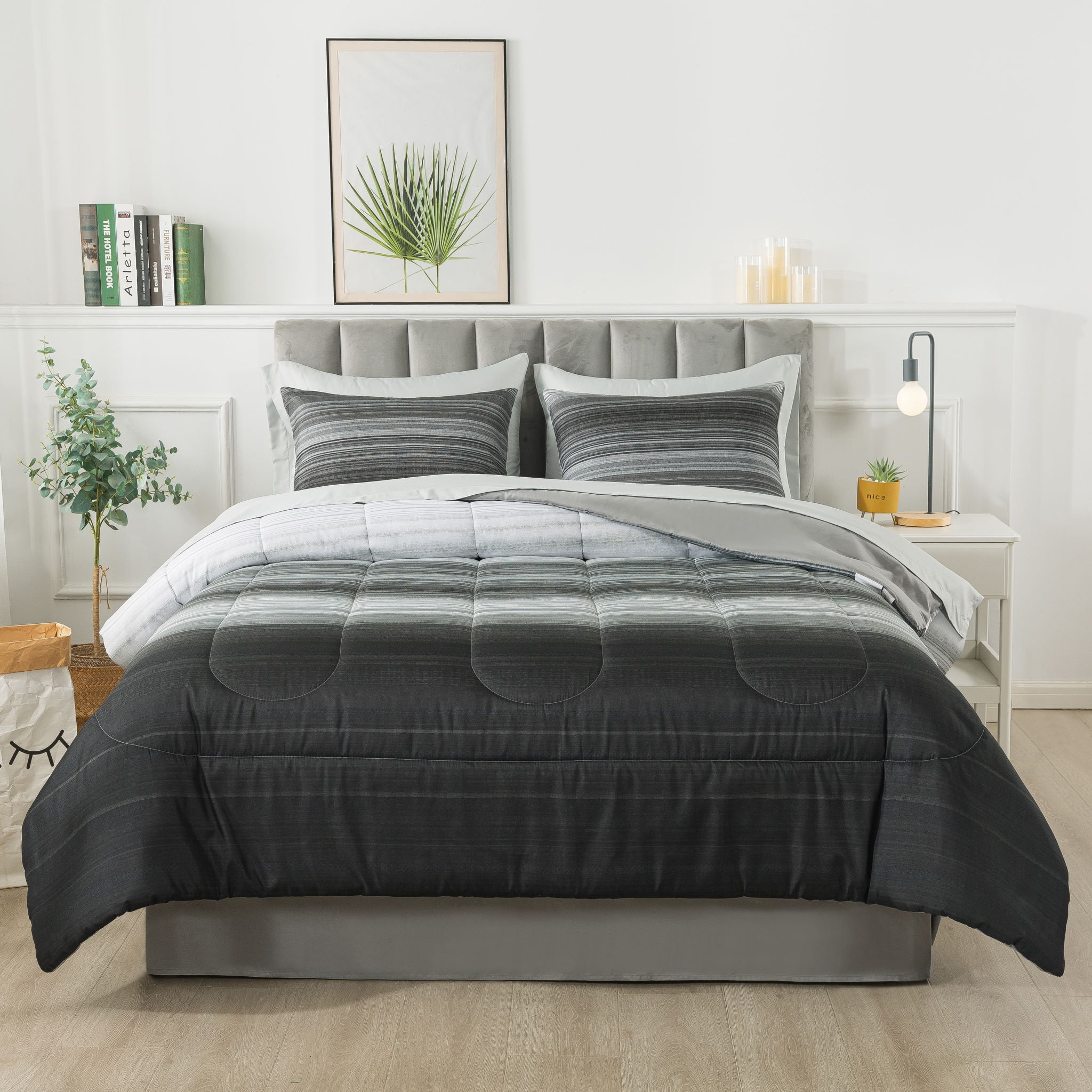 Mainstays Gray Stripe 8 Piece Bed in a Bag Comforter Set with Sheets, King