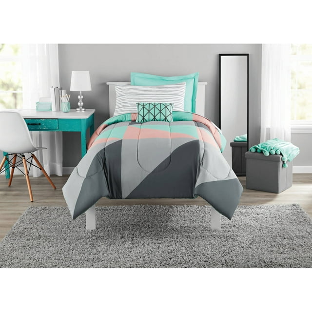 Mainstays Gray and Teal Geometric 6 Piece Bed in a Bag With Sheets, Twin/Twin XL