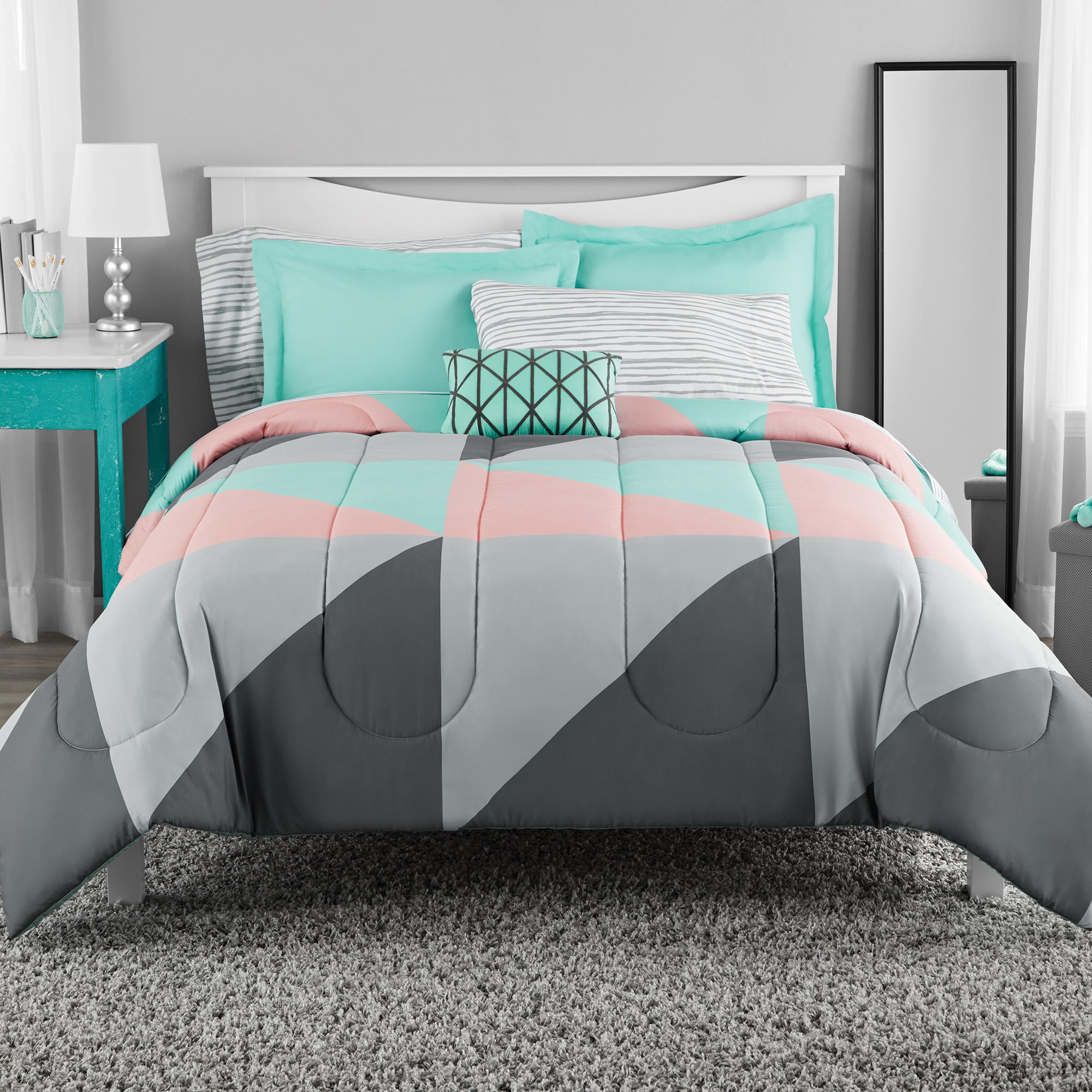 Mainstays Gray and Teal Geometric 8 Piece Bed in a Bag Comforter Set With Sheets, King - image 1 of 8