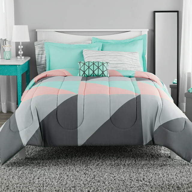 Mainstays Gray and Teal Geometric 8 Piece Bed in a Bag Comforter Set With Sheets, King