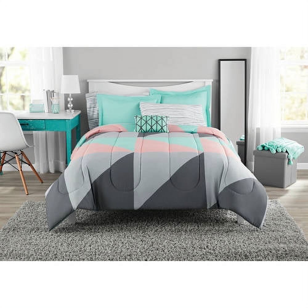 Mainstays Gray and Teal Geometric 8 Piece Bed in a Bag Comforter Set With Sheets, Queen - image 1 of 8