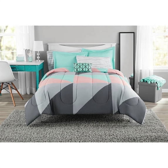 Mainstays Gray and Teal Geometric 8 Piece Bed in a Bag Comforter Set With Sheets, Queen