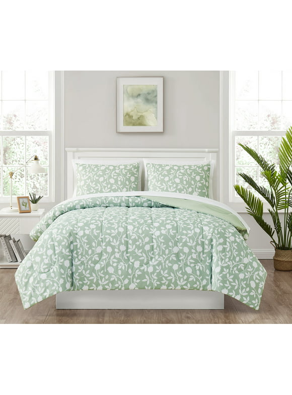 Mainstays Green Floral Reversible 5-Piece Bed in a Bag Comforter Set with Sheets, Twin XL