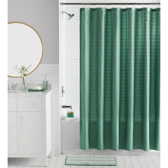 Mainstays 16-Piece Green Textured Solid Shower Curtain Bathroom Set – Green Fabric Curtain with Rug, Hooks, Soap Pump & Tray