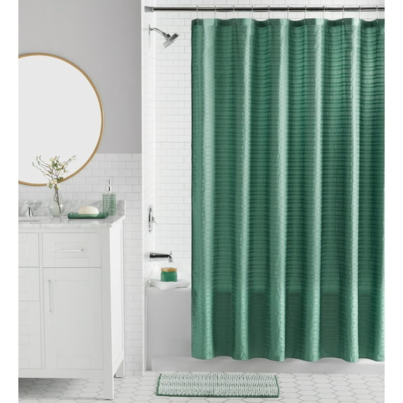 Mainstays 16-Piece Green Textured Solid Shower Curtain Bathroom Set – Green Fabric Curtain with Rug, Hooks, Soap Pump & Tray