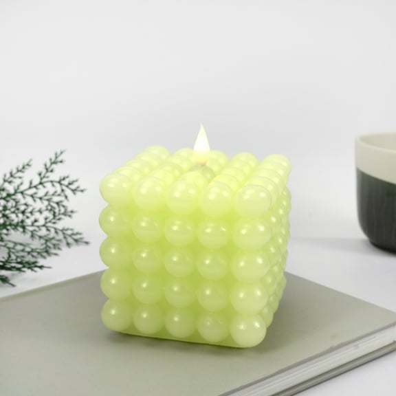 Mainstays Green Square Tabletop Wax Candle with Faux LED Flame, Bubble Design, 4.92"x4.13"x4.13"