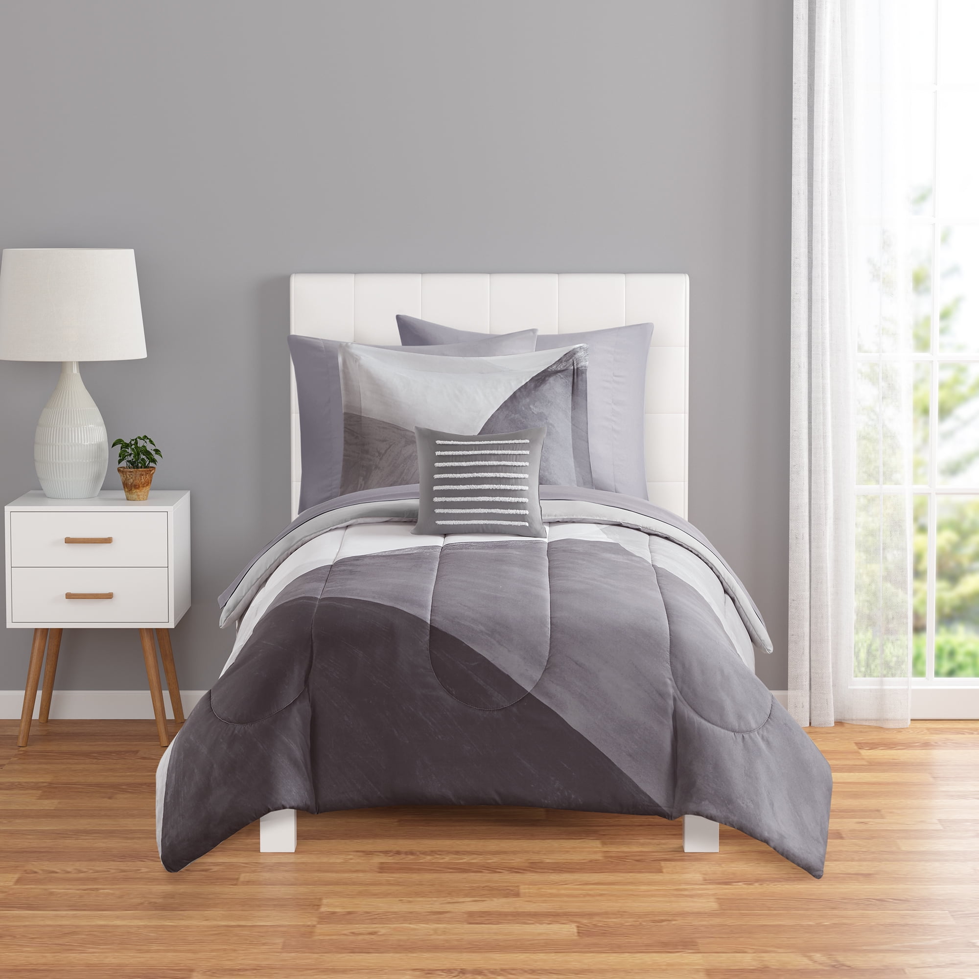 Mainstays Grey Colorblock 7 Piece Bed in a Bag with Sheets, TwinTwin