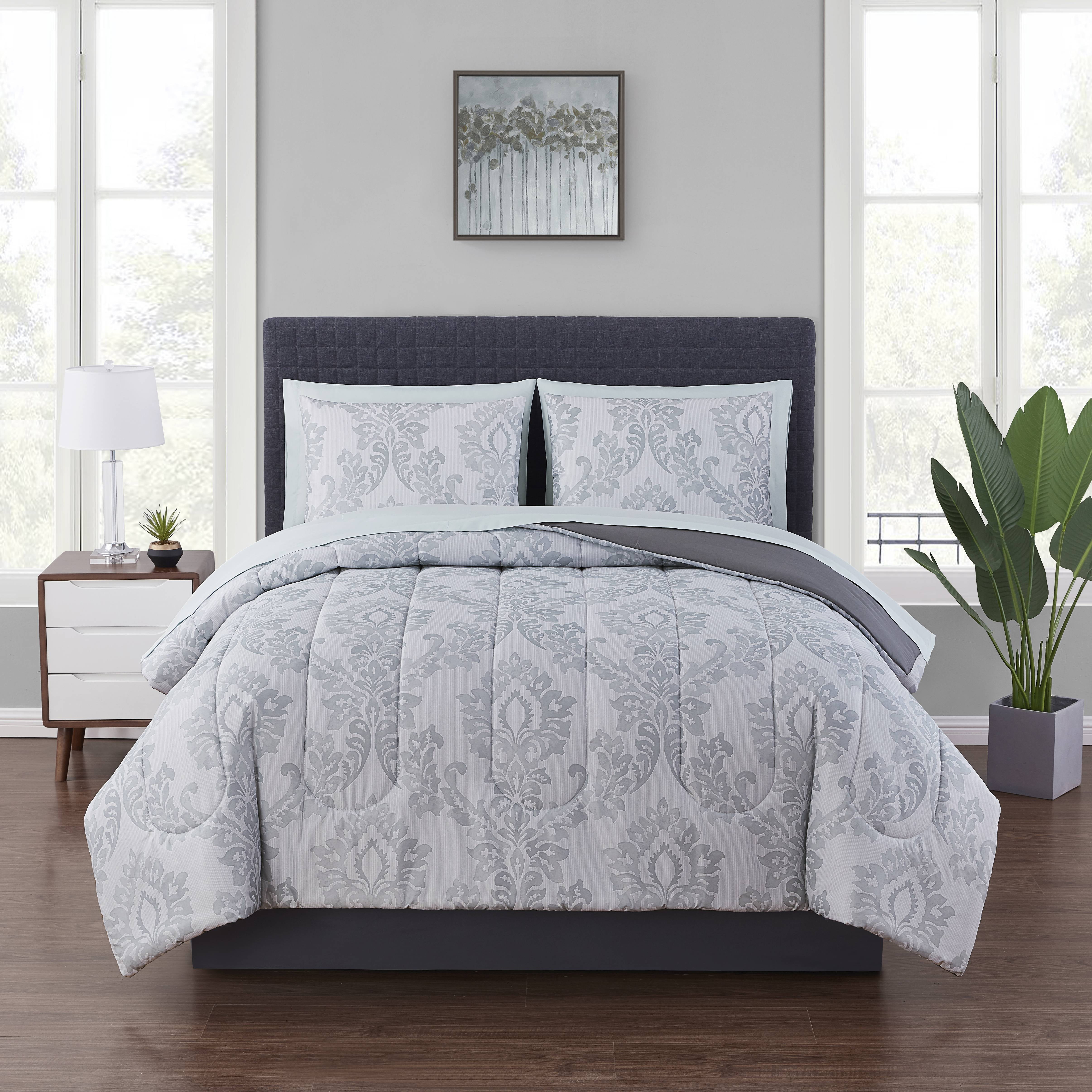 Mainstays Gray Pinstripe Damask 8-Piece Bed-in-a-Bag Bedding Set with Sheet Set, Queen