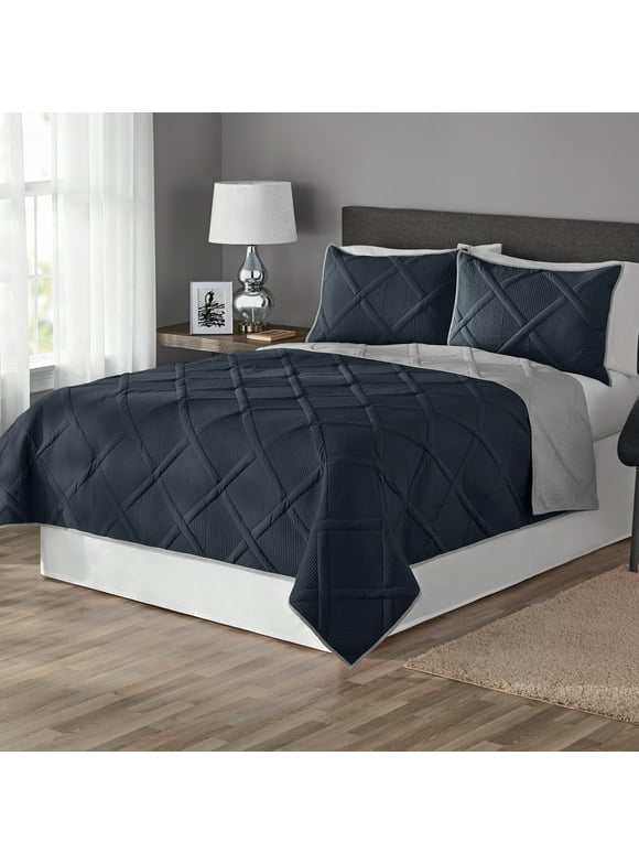 Mainstays Grey Diamond Polyester Quilt, Full/Queen, Adult, Reversible