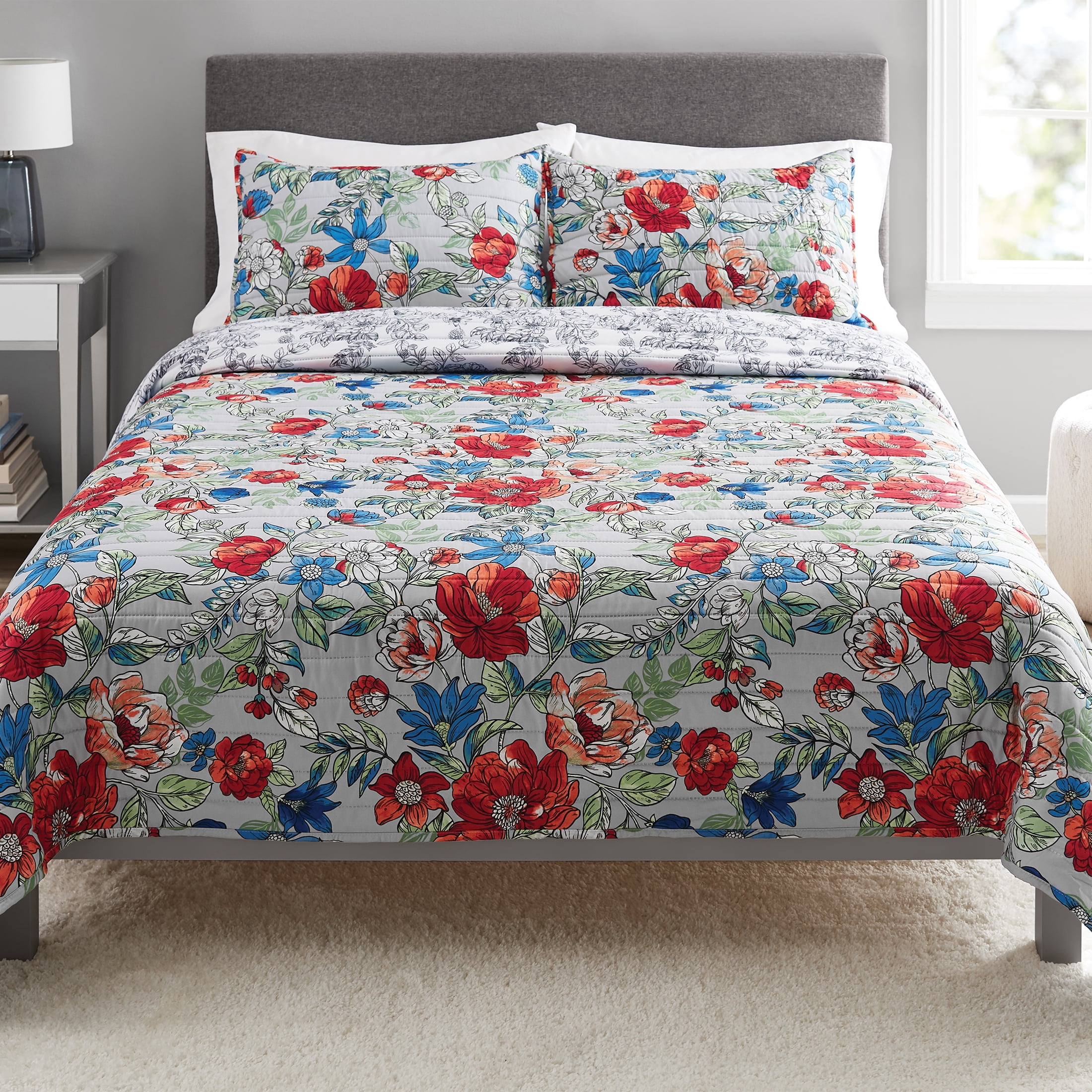 Mainstays Grey Floral Traditional Floral, With Quilt Sham