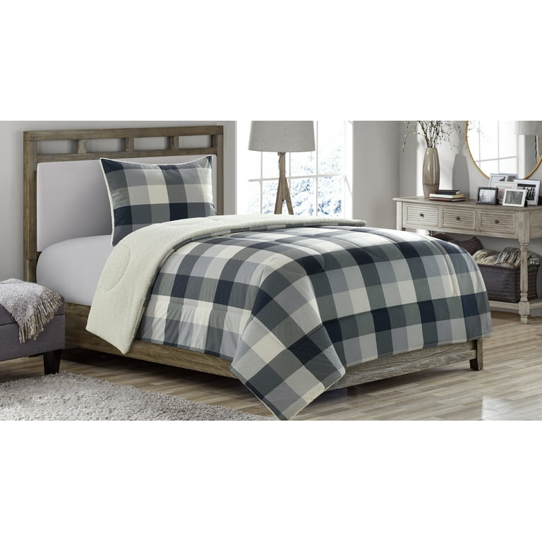 Mainstays Grey Plaid Flannel Polyester Fill Comforter Set with Sherpa Reverse Twin