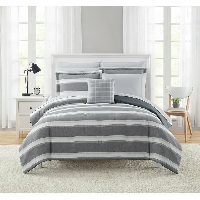 Mainstays Grey Stripe 10 Piece Bed in a Bag Comforter Set with Sheets