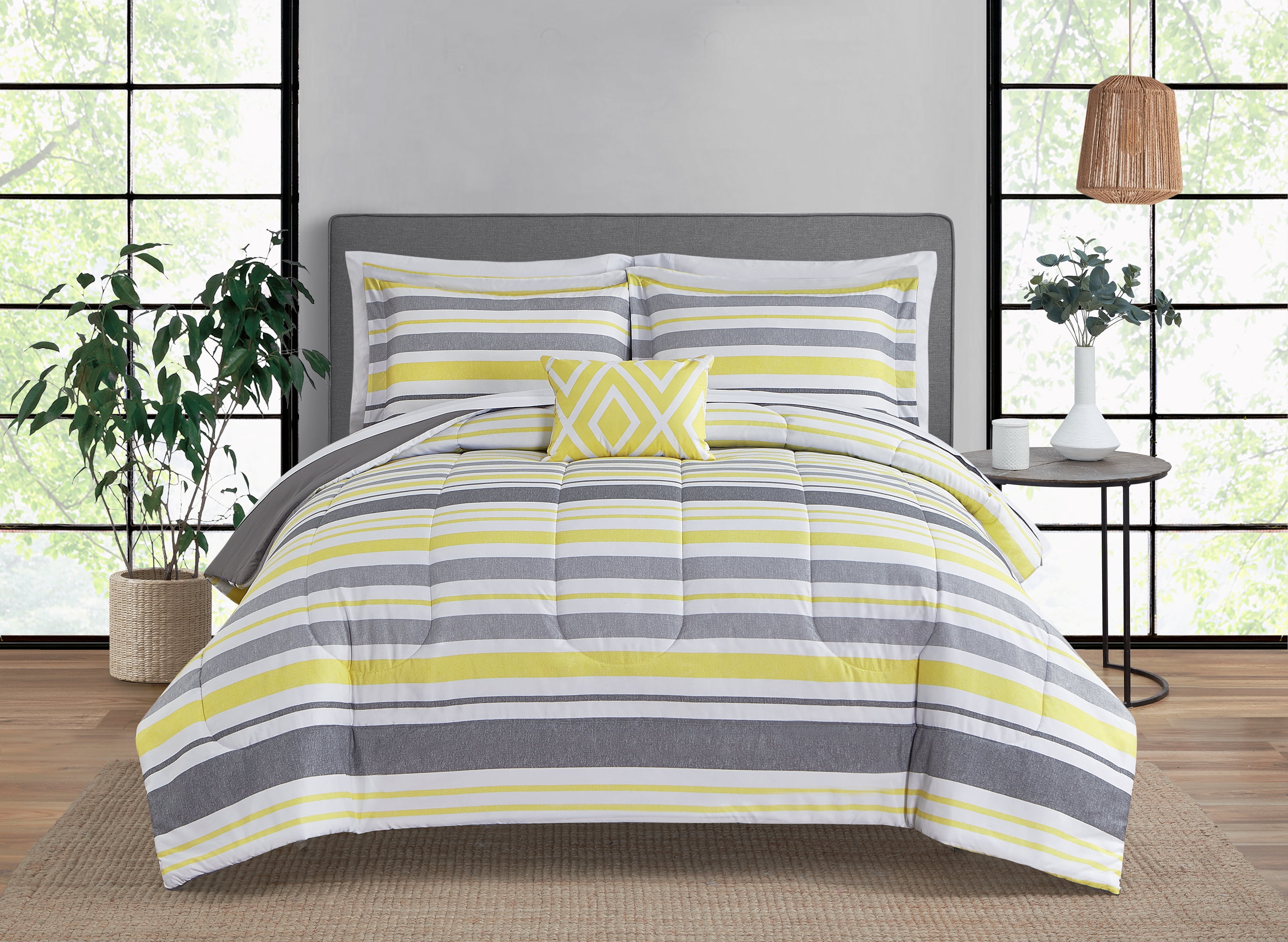 Mainstays Grey and Yellow Stripe 8 Piece Bed in A Bag Comforter Set with Sheets Queen