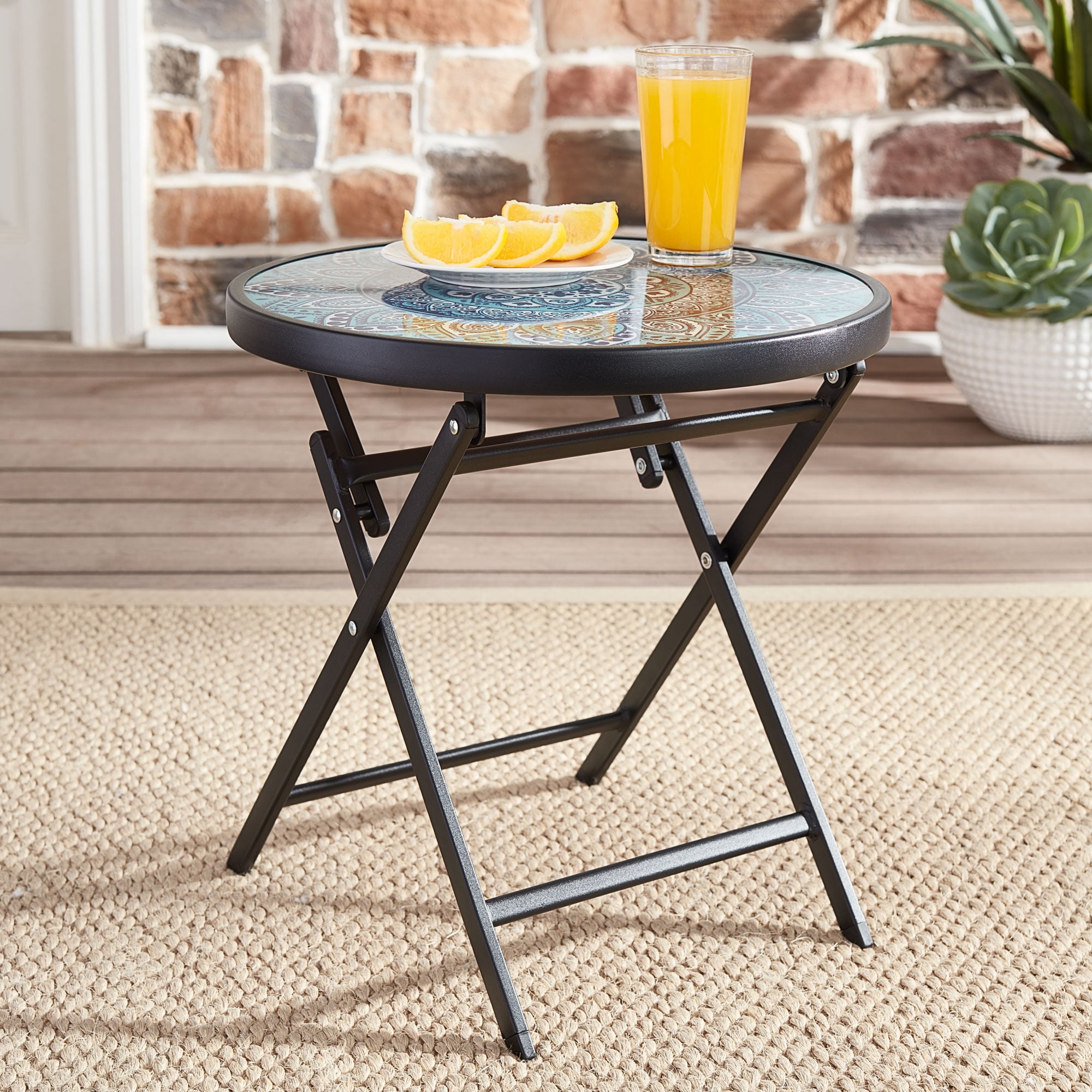 Mainstays Greyson 18” Round GlassTop Folding Side Table, Blue Medallion