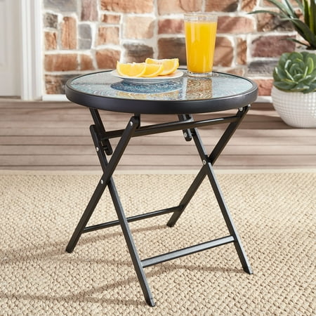 Mainstays Greyson 18” Round Glass-Top Folding Side Table, Blue Medallion