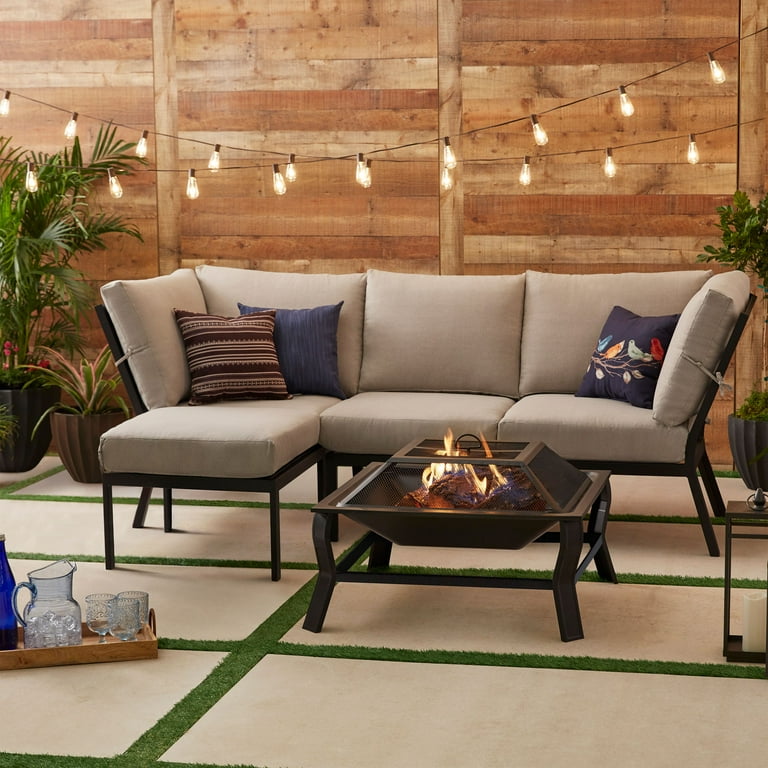 Mainstays Greyson Square 4 Pc Outdoor Patio Sectional Set Beige Black Steel Cushion Walmart