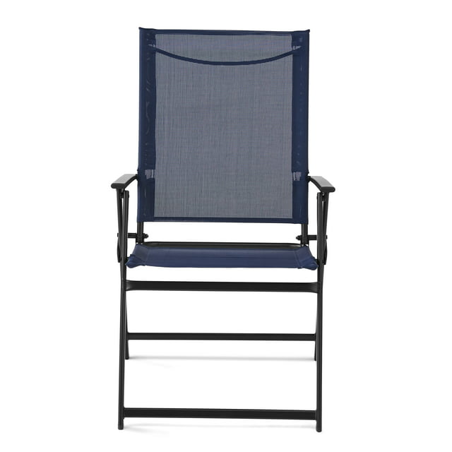 Mainstays Greyson Steel and Sling Adult Folding Outdoor Patio Armchair, Navy (Set of 2)