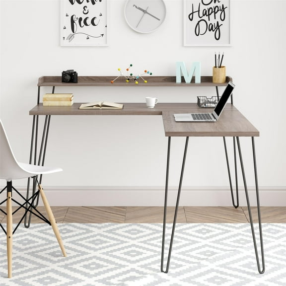 Haven L Desk with Riser, Distressed Gray Oak