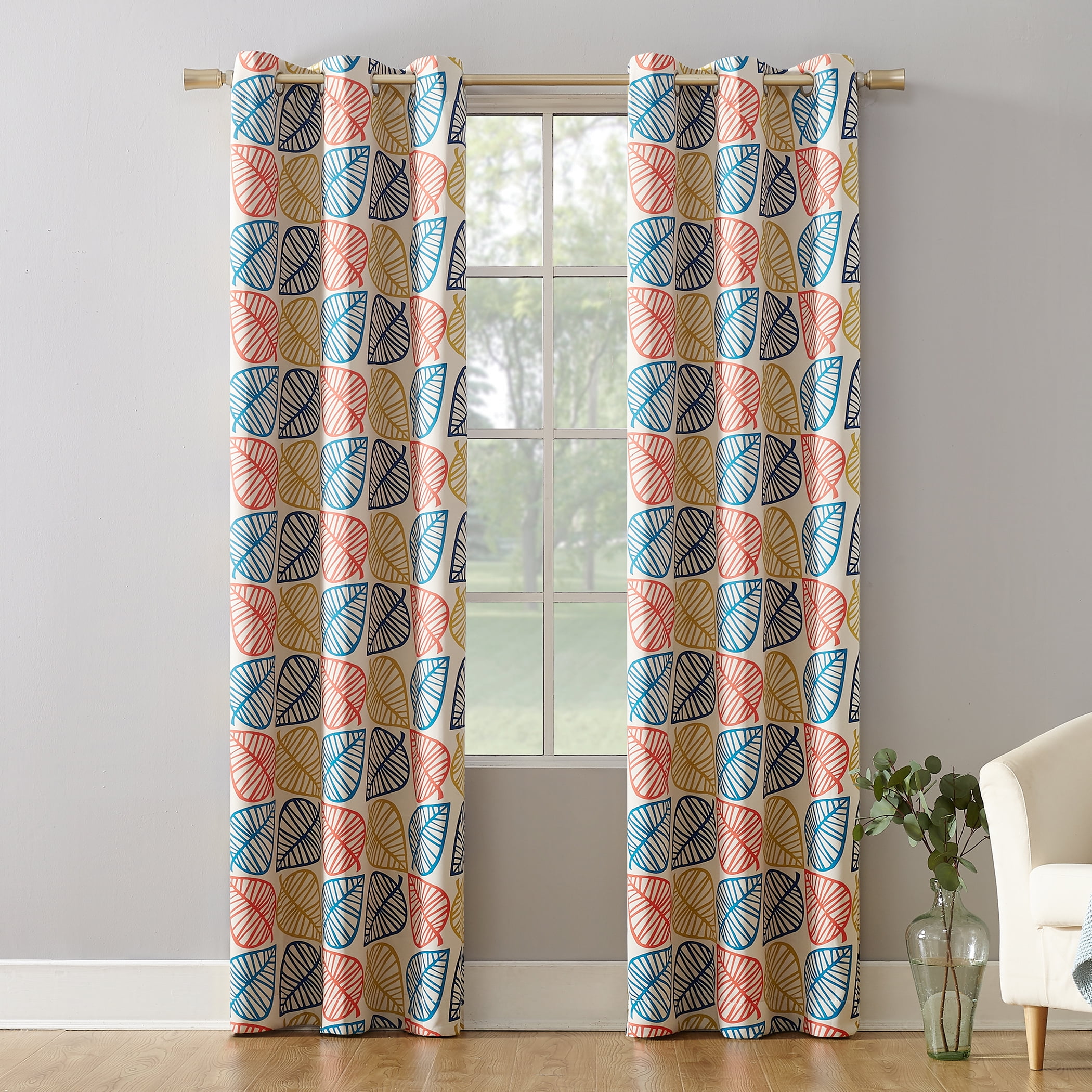 Mainstays Blackout Grommet Single Curtain Panel, 1 Panel, Beige Multicolor Leaves, 40 in W x 95 in L