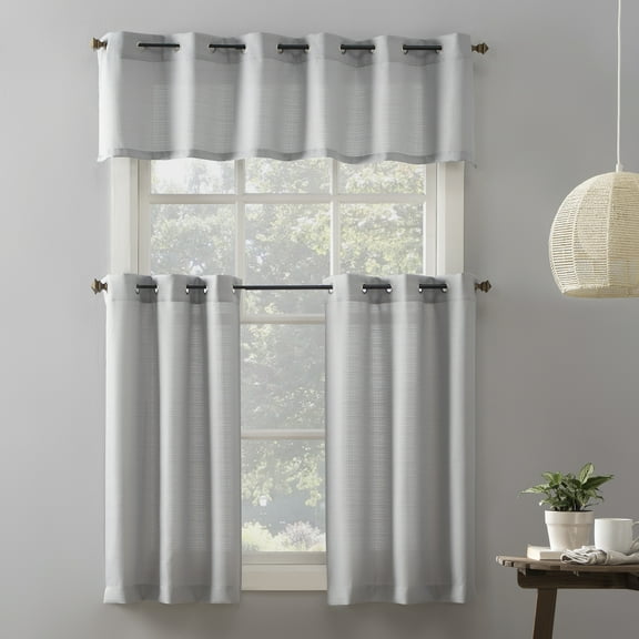 Mainstays Solid Semi Sheer Curtain Tier Pair and Valance Set, 3 Piece Ready Made Kitchen Curtains, Silver, 54" W x 36" L