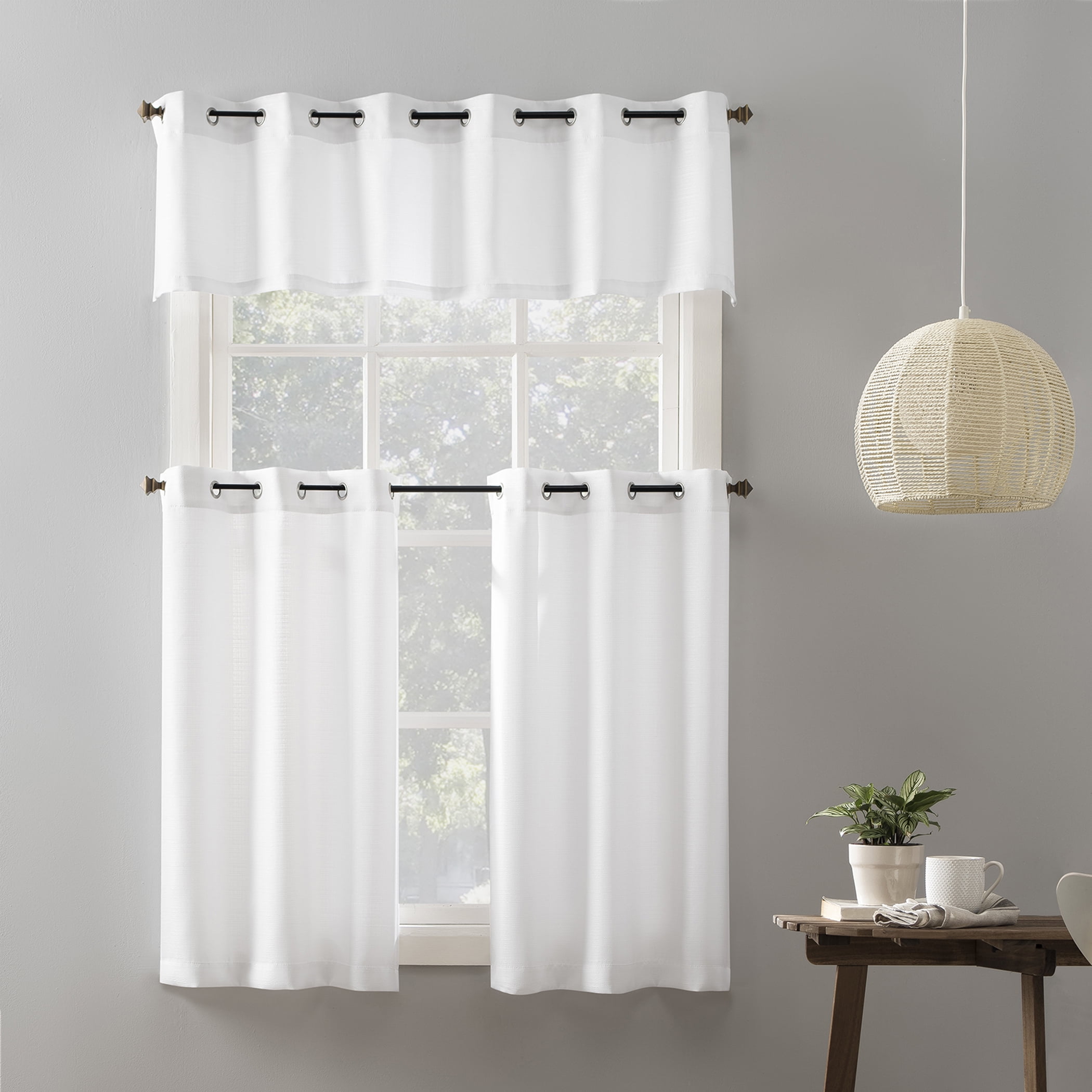 Mainstays Solid Semi-Sheer Curtain Tier Pair and Valance Set, 3-Piece, White, 54 in W x 36 in L