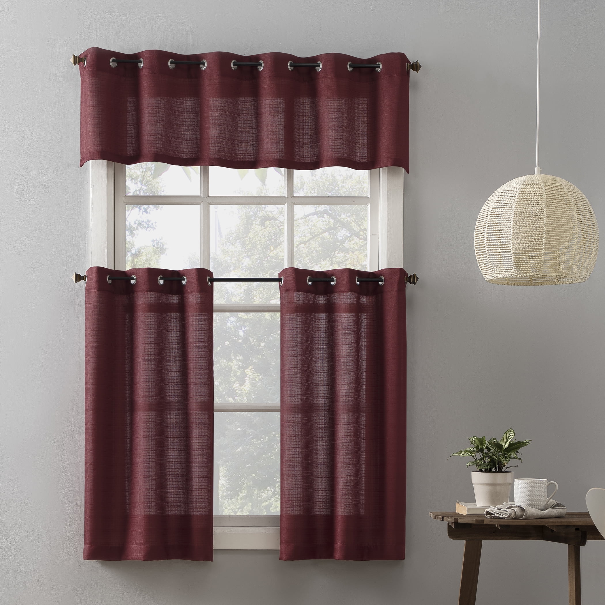 Mainstays Solid Semi Sheer Curtain Tier Pair and Valance Set, 3-Piece, Wine, 54" W x 36" L